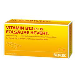 Gelbe Schachtel mit Vitamin B12 und Folsäure Injektionslösung von Hevert.