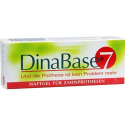 Eine Verpackung mit Haftgel für Zahnprothesen namens "DinaBase 7".
