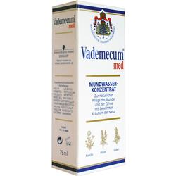 Weiße Verpackung von Vademecum-Mundwasserkonzentrat mit Kräutern abgebildet.