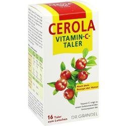 Eine Packung Cerola Vitamin-C-Taler mit Zeichnung von roten Beeren.