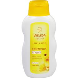 Weiße Flasche mit gelbem Etikett, auf dem Pflegeöl für Babys steht.