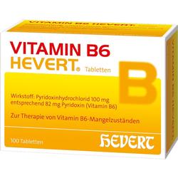 Eine gelbe Packung Vitamin B6-Tabletten von Hevert.