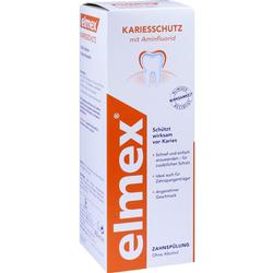Eine orange-weiße Verpackung für Mundspülung, die vor Karies schützt.