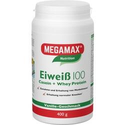 Weiße Dose Megamax Eiweißpulver mit Vanille-Geschmack, 400 g.