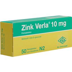 Schachtel mit Zink Verla 10 mg Tabletten für Zinkmangel.